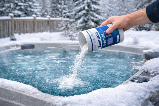 Adding sanitizer to a hot tub during winter in Canada to maintain clear spa water and proper chemical balance.